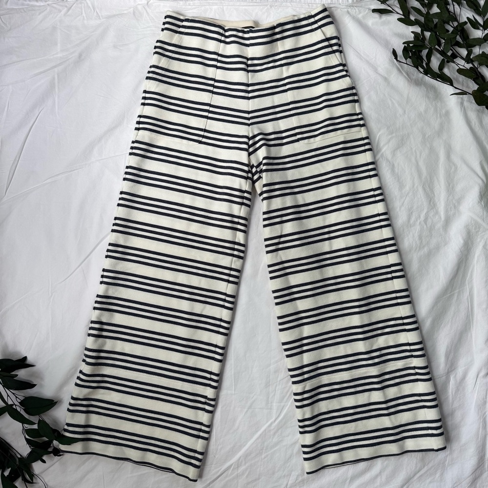 J. Crew Dark Blue White Striped Wide Leg Pants Elastic Waist 2 Front Pockets